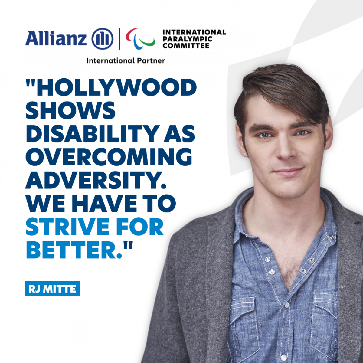 Branded graphic of man with quote saying "Hollywood shows disability as overcoming adversity. We have to strive for better."