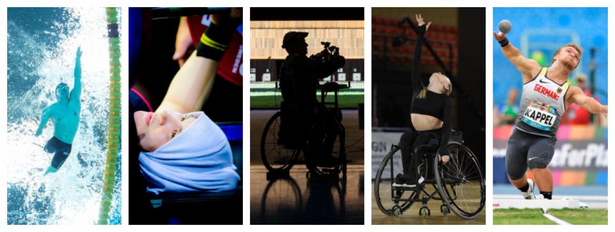 A picture montage showing a male swimmer underwater, a female powerlifter, a male wheelchair shooter, a female wheelchair dancer and a short stature man