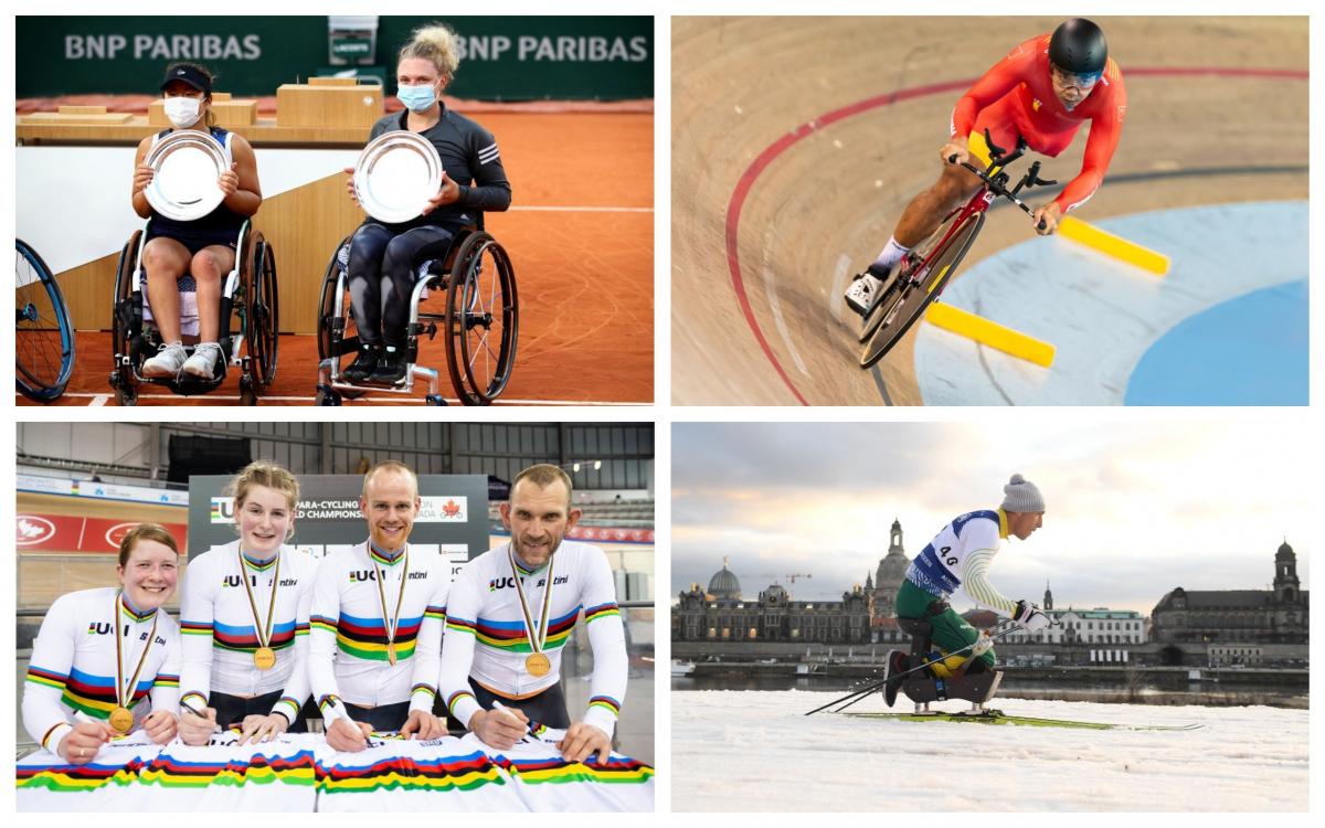 Photo collage of cycling, wheelchair tennis and Nordic skiing