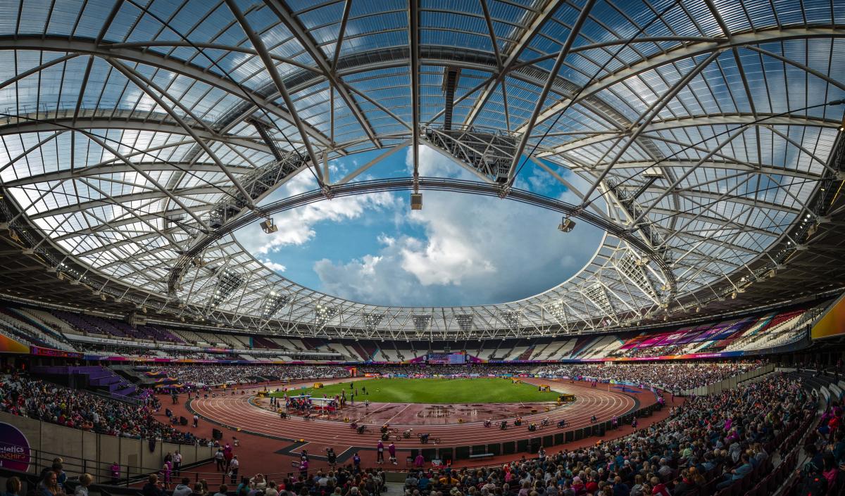 The aerial view of a stadium during a wheelchair race competition