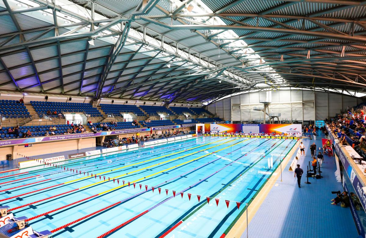 The view of the indoor swimming pool at the Ponds Forge International Sports Centre in Sheffield, Great Britain