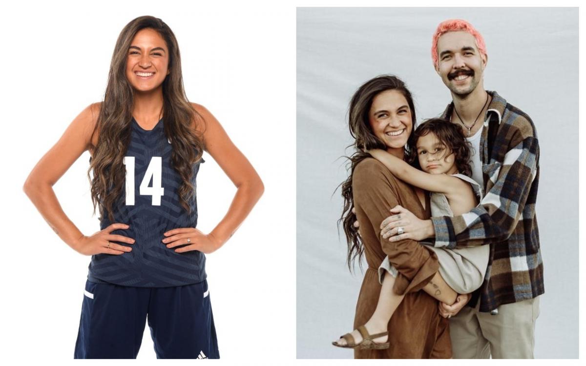 Collage of woman in sitting volleyball uniform and then on the right with her husband and toddler son