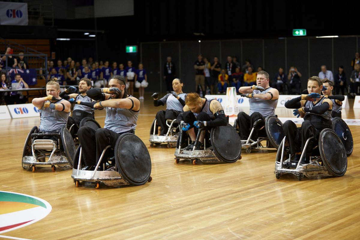 New Zealand wheelchair rugby team perform the Haka