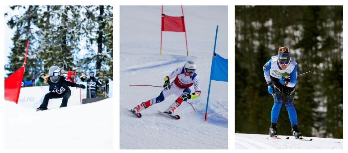A photo collage with a picture of a female snowboarder, a male Para alpine skier and a female Para cross-country skier