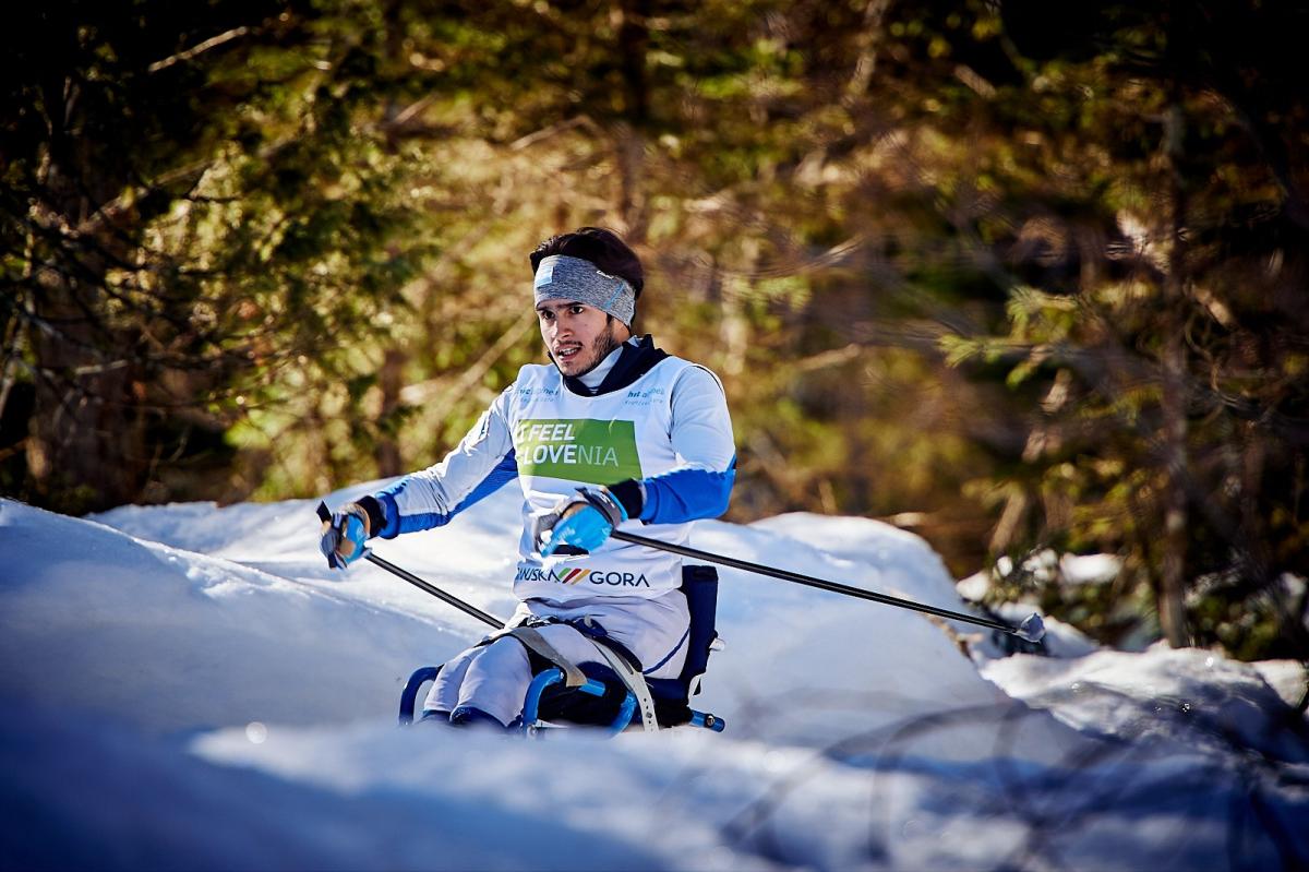 A male sit skier competing in a snowy cross-country skiing course