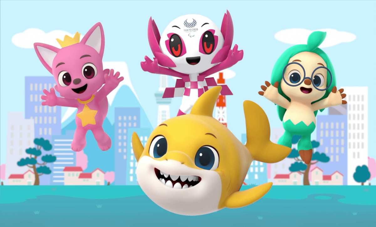 Cartoon animation of baby shark and Paralympic mascot and other characters