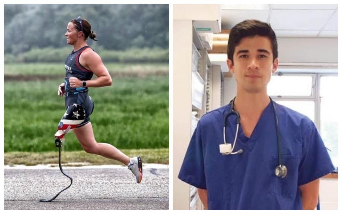 Collage of two athletes, one female athlete running with a prosthetic and another of a male nurse