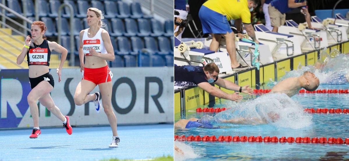 A photo collage with two women running in an athletics track and a man holding an armless swimmer