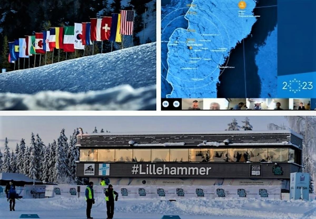 A collage with a picture from a biathlon venue below and pictures of a group of country flags and a zoom presentation on top