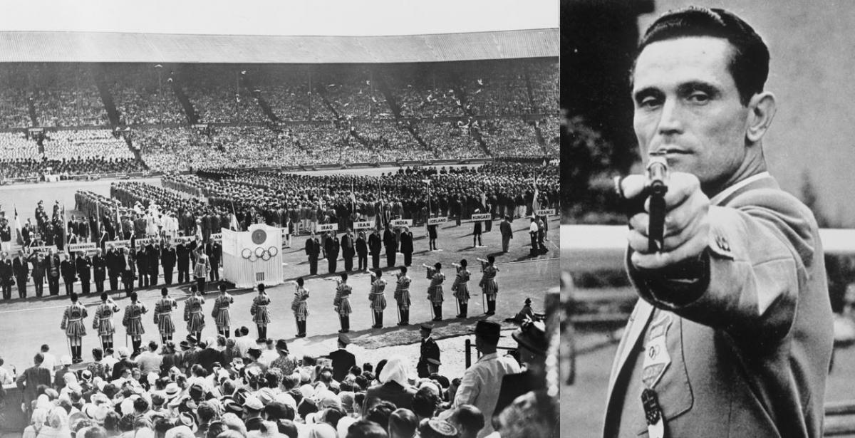 Two pictures one showing the opening ceremony of the London 1948 Olympics and the other showing a man holding a pistol