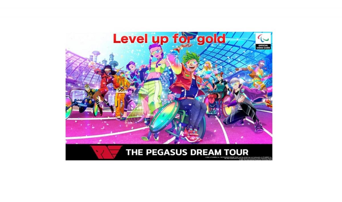 Paralympics official video game The Pegasus Dream Tour key visual with characters from the game and the phrase 'Level up for gold'