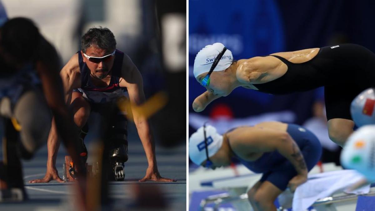 A photo collage with a man in an athletics starting block and two women jumping in a swimming pool