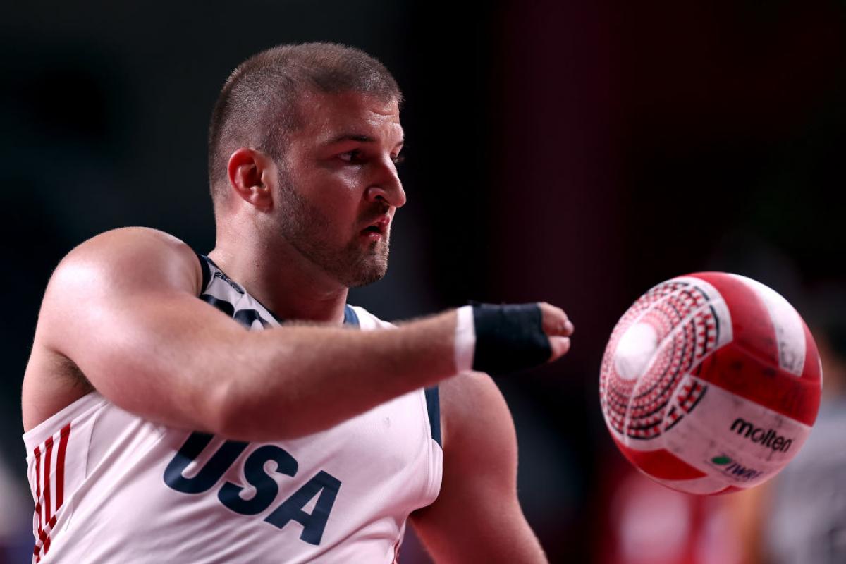 Kory Puderbaugh, close up in wheelchair rugby action