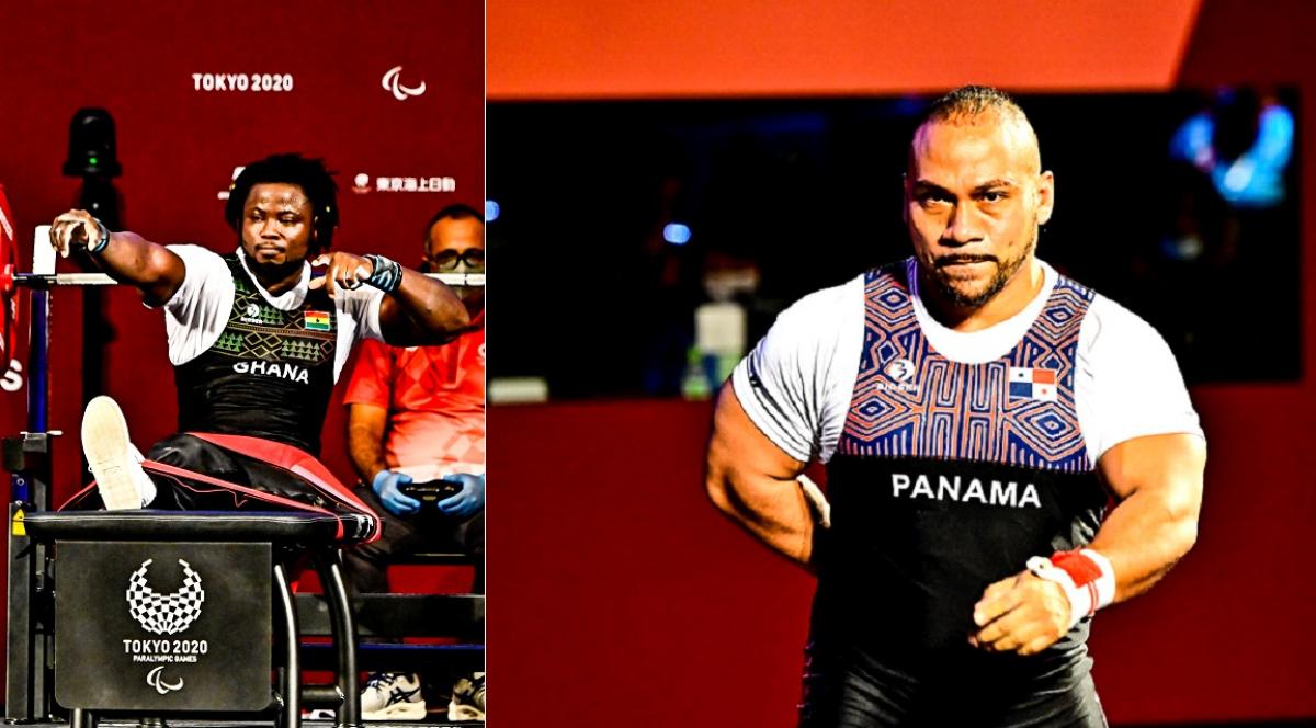 Two men in lifting suits in a Para powerlifting competition