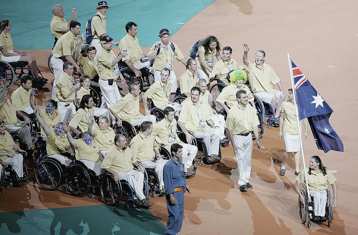 The Australian Paralympic team led by Louise Sauvage during the opening ceremony of Athens 2004 Paralympic Games