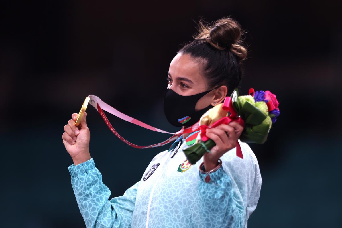 Sevda Valiyeva of Azerbaijan celebrates her gold medal on the podium
