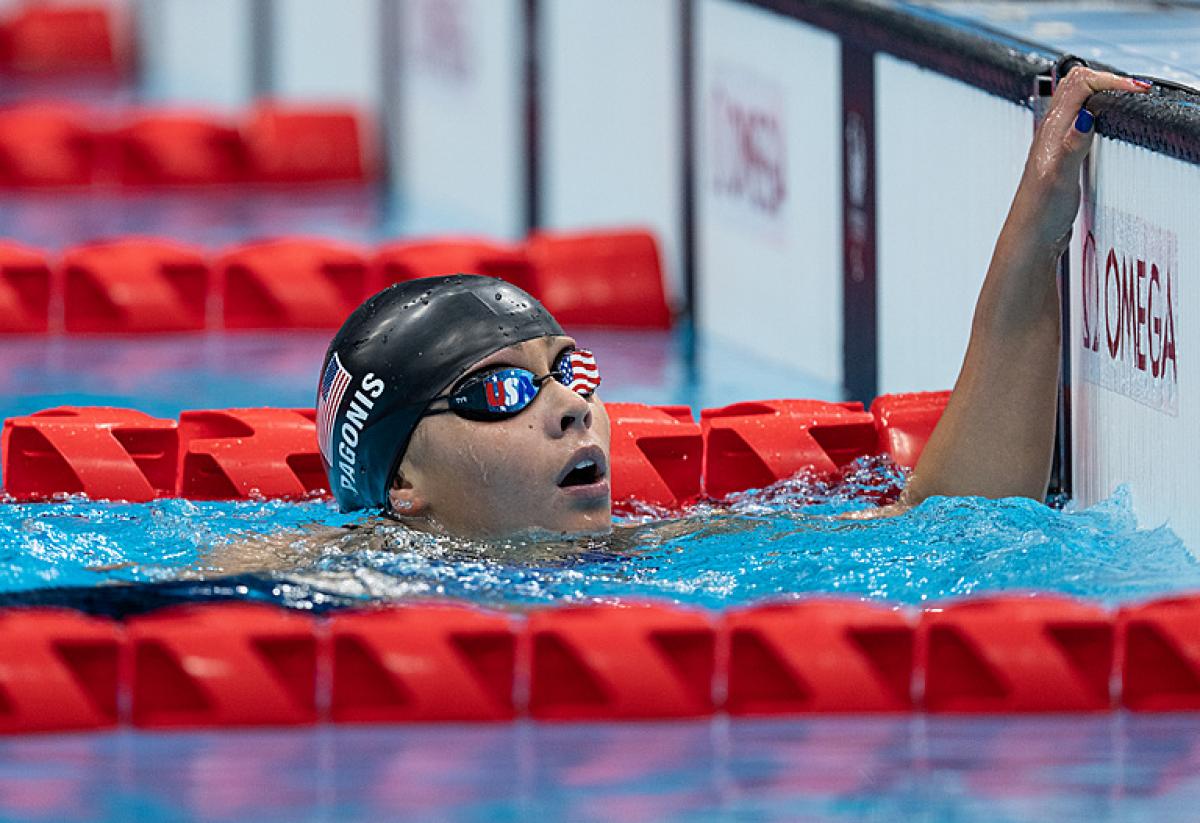 Swimmer Anastasia Pagonis in the pool after a race