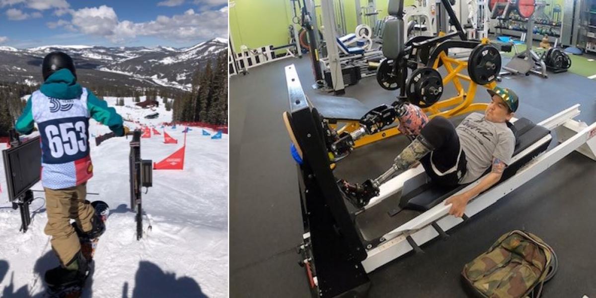 A picture of a man preparing to go down a snowboard slope and another picture of a man with prosthetic legs doing leg press in a gym