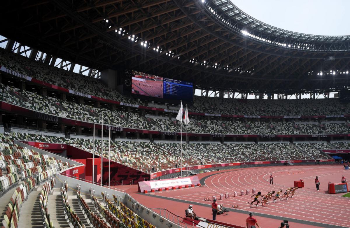 A view of an empty stadium during an athletics competition