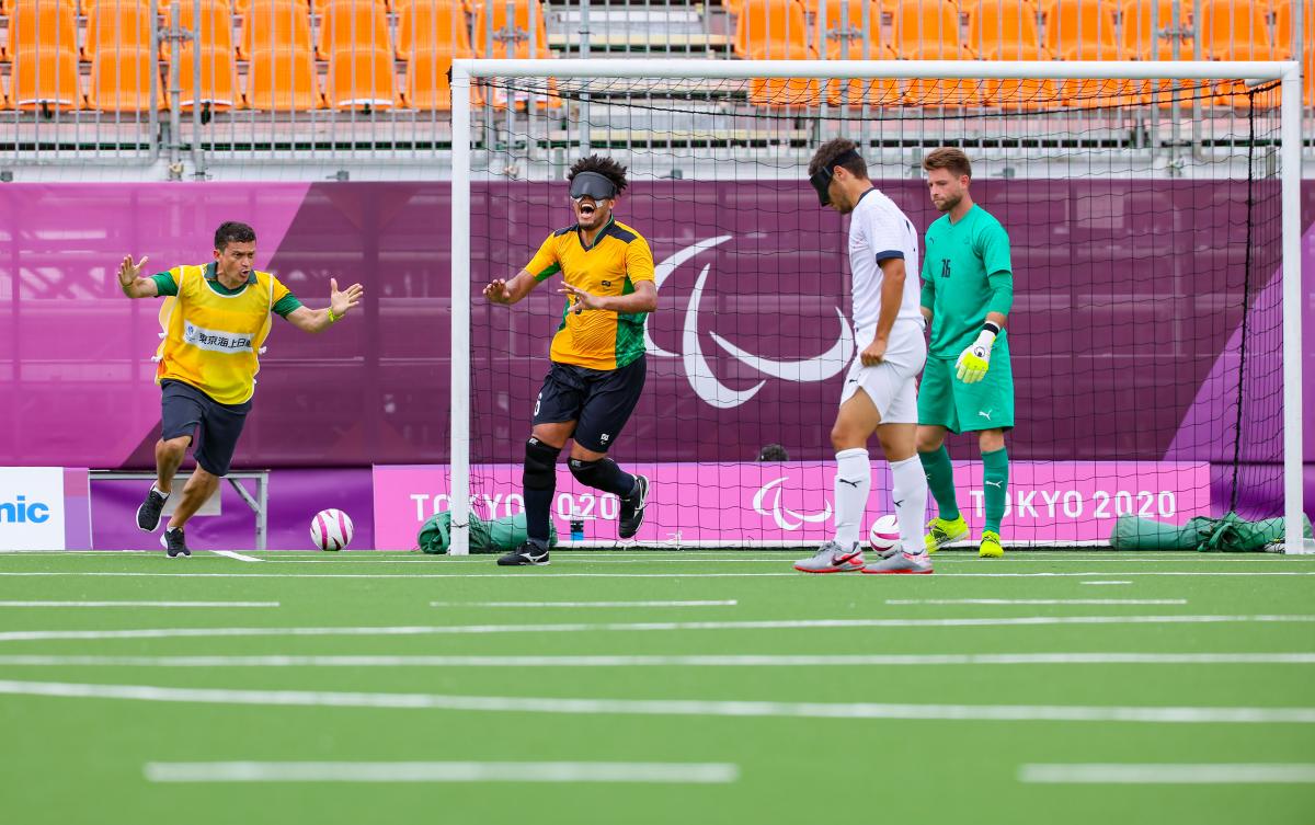 Brazilian football 5-a-side player Jardiel Vieira Soares celebrates his first Paralympic goal against France