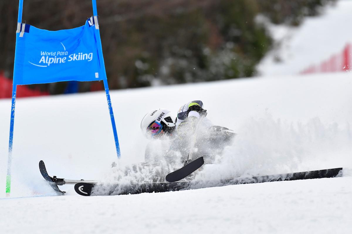 A Para Alpine skier crashing during a race