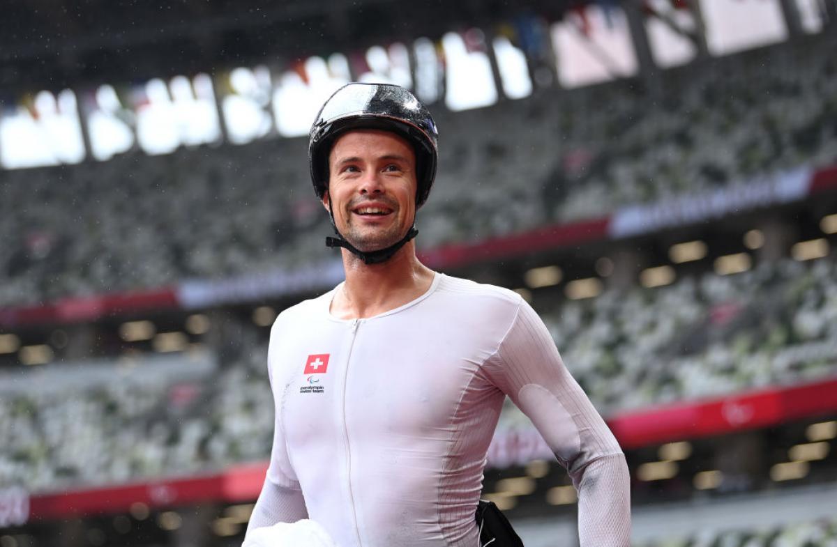 Marcel Hug of Switzerland reacts after victory in the Men's Marathon T52 at the Tokyo 2020 Paralympic Games.