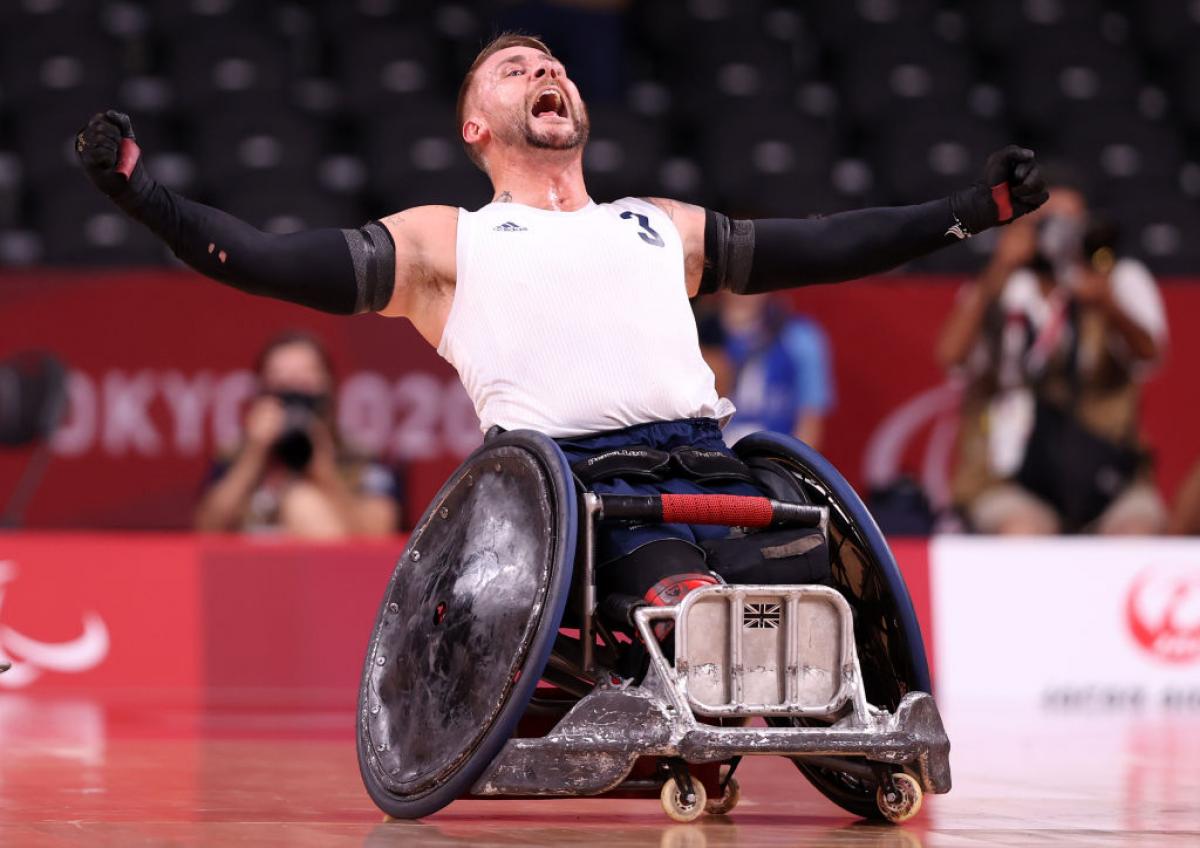 Stuart Robinson of Great Britain reacts after defeating United States during the gold medal wheelchair rugby match at Tokyo 2020 Paralympic Games at Yoyogi National Stadium in Tokyo, Japan.