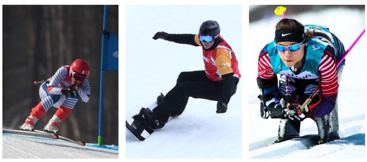 A photo collage with a female Para alpine skier, a male Para snowboarder and a female Para cross-country skier