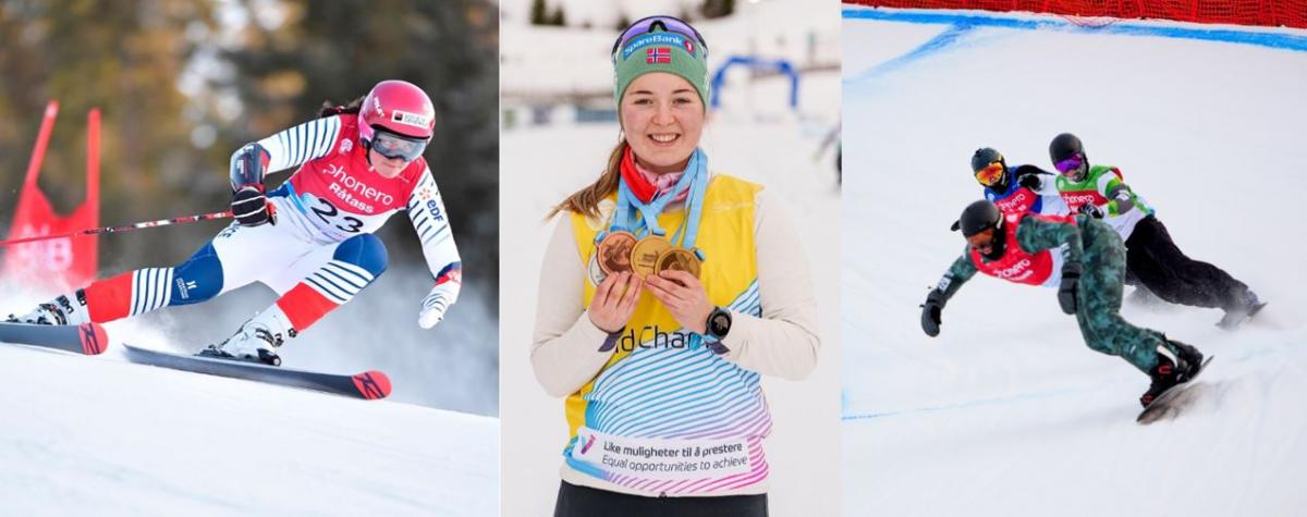 A collage with a female skier in a competition, a woman showing her medals and three male snowboarders