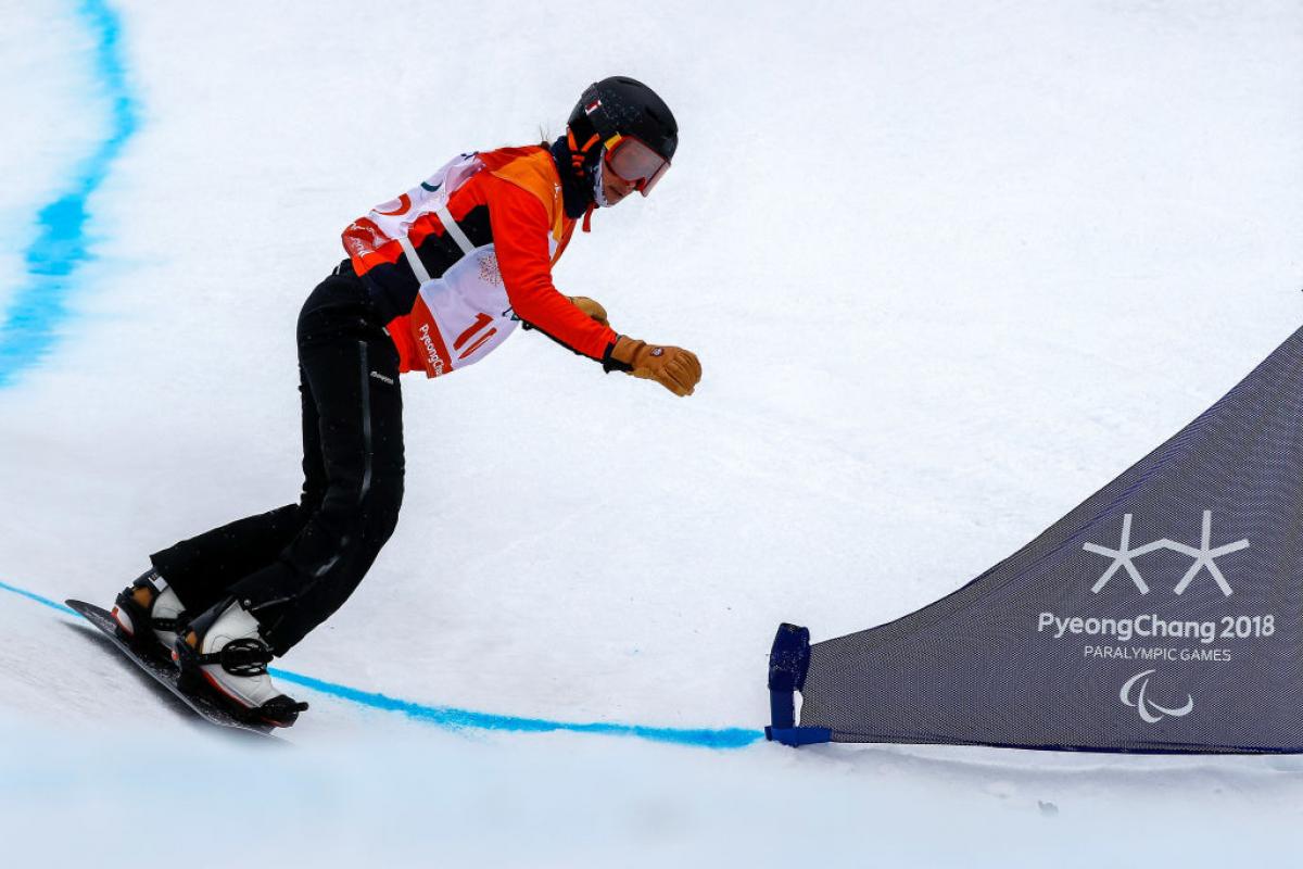 Bibian Mentel-Spee of Netherlands competes in the women's Banked Slalom SB-LL2 at the PyeongChang 2018 Paralympic Games.