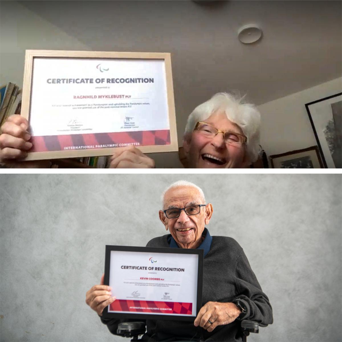 Ragnhild Myklebust and Kevin Coombs OAM holding the certificates as the first two recipients for the PLY initials