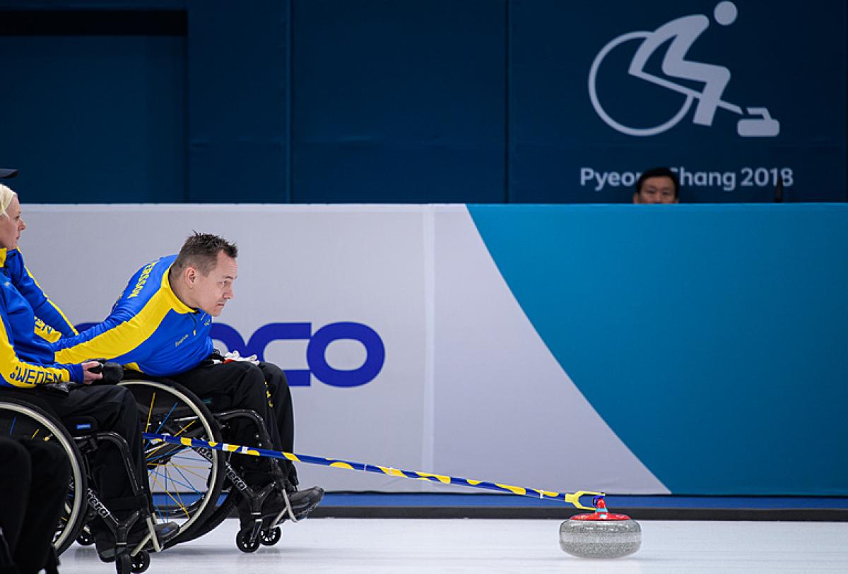 Ronny Person of Sweden in action during the PyeongChang 2018 wheelchair curling competition