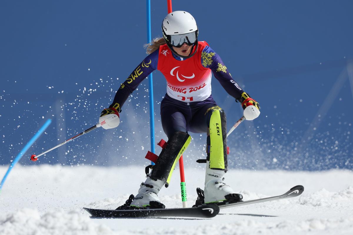 Swedish Para Alpine skier Ebba Aarsjoe in action at Beijing 2022