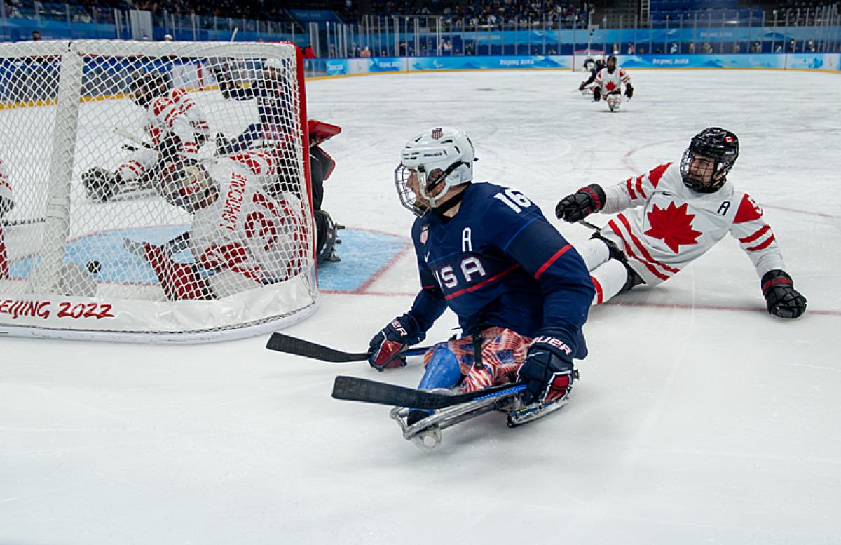 Declan Farmer USA shoots during the Para Ice Hockey Gold Medal Game between United States and Canada