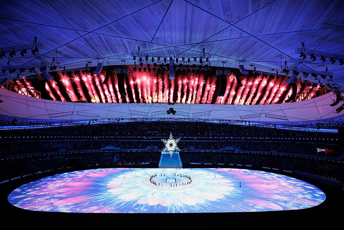 Fireworks can be seen from the inside surrounding the Birds Nest Stadium