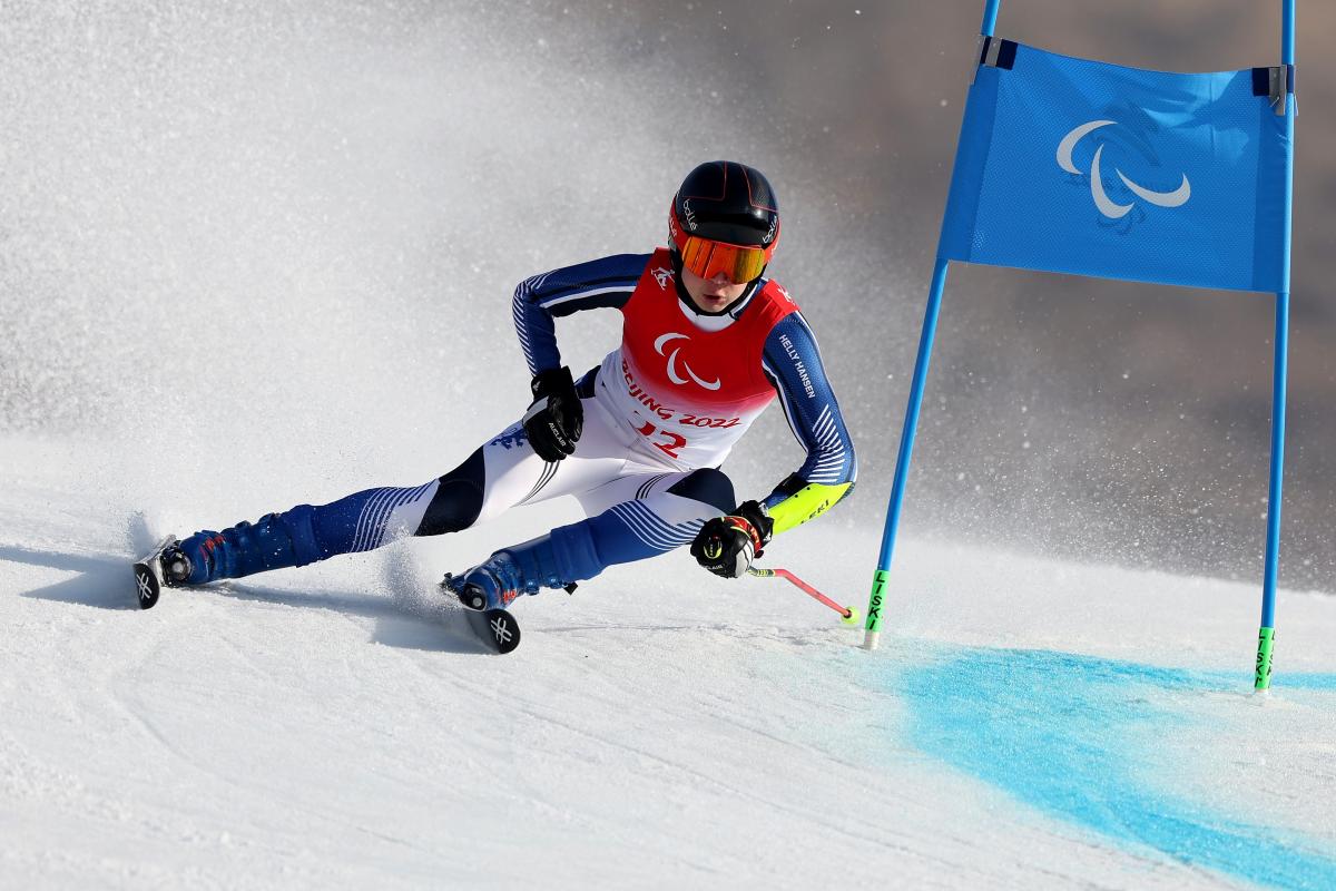 Finnish Para Alpine skier Santeri Kiiveri competes at the Beijing 2022 Paralympic Winter Games