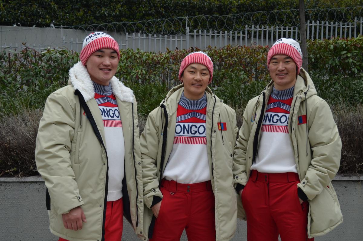 Team Mongolia comprising Tsegmid Dahsdorj, Ganbold Batmunkh and Tserenpuntsag Byambadorj at the Beijing 2022 Paralympic Winter Games.