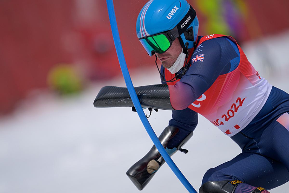 James Whitley wearing Great Britain's uniform competing in the Beijing slalom course