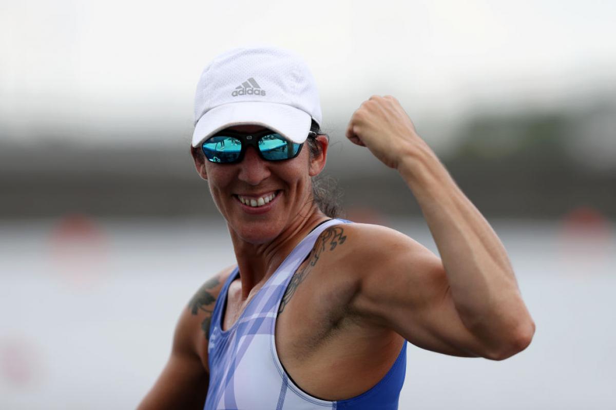 Moran Samuel pumps her fist after winning a silver medal in the PR1 women's single sculls final.