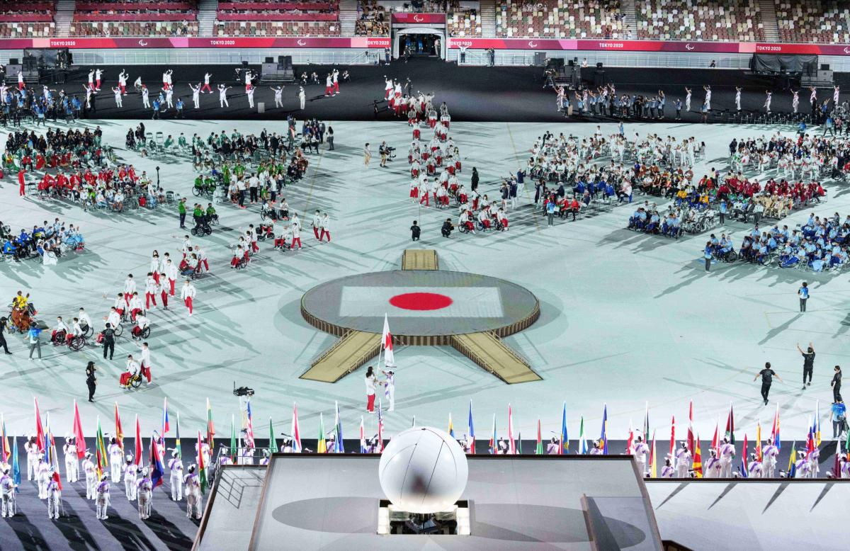 General view during the athletes parade as the Japan Paralympic Team is announced at the Opening Ceremony of the Tokyo 2020 Paralympic Games.