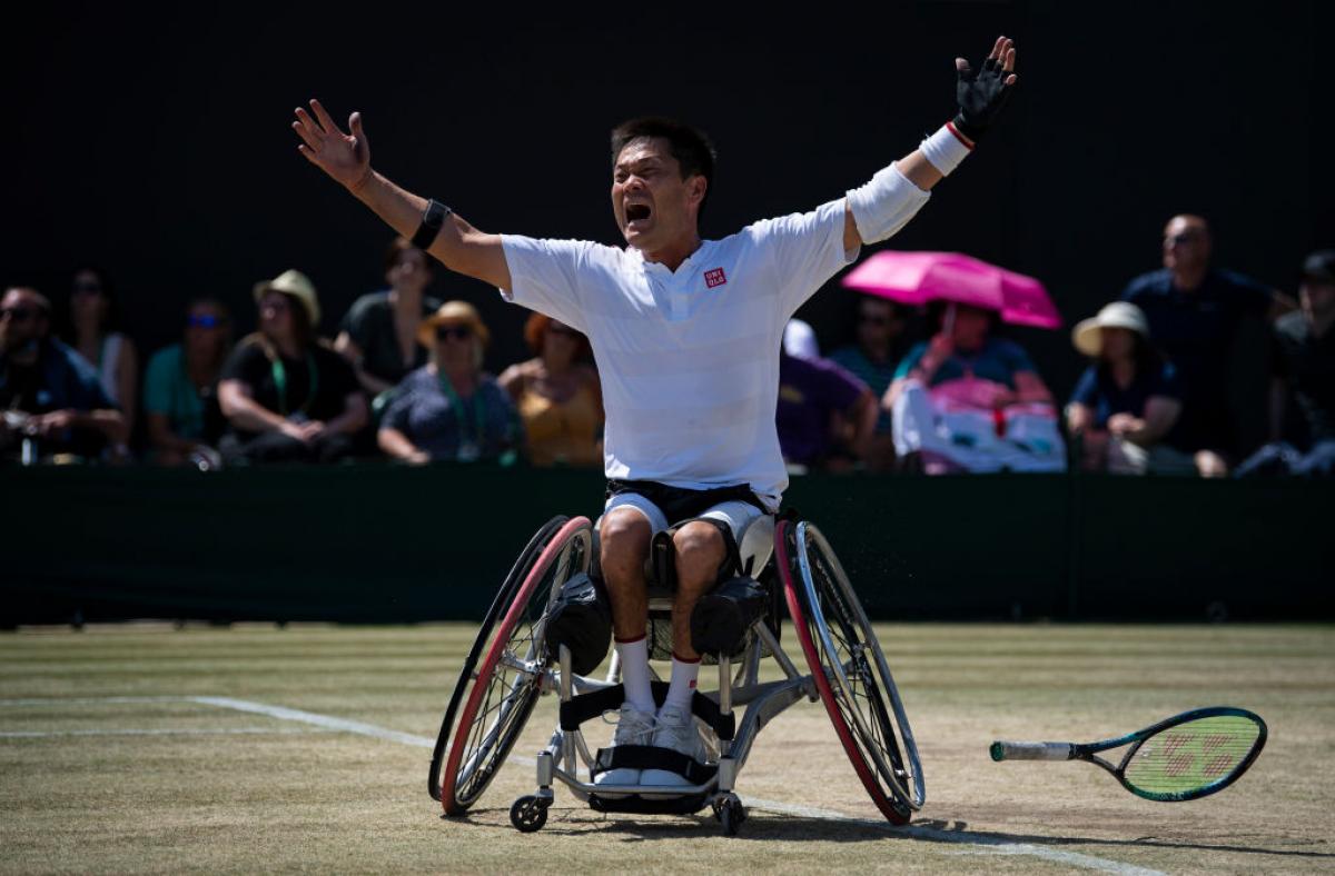 Shingo Kunieda of Japan celebrates winning match point against Great Britain’s Alfie Hewett in the Wimbledon 2022 men's singles final in London.