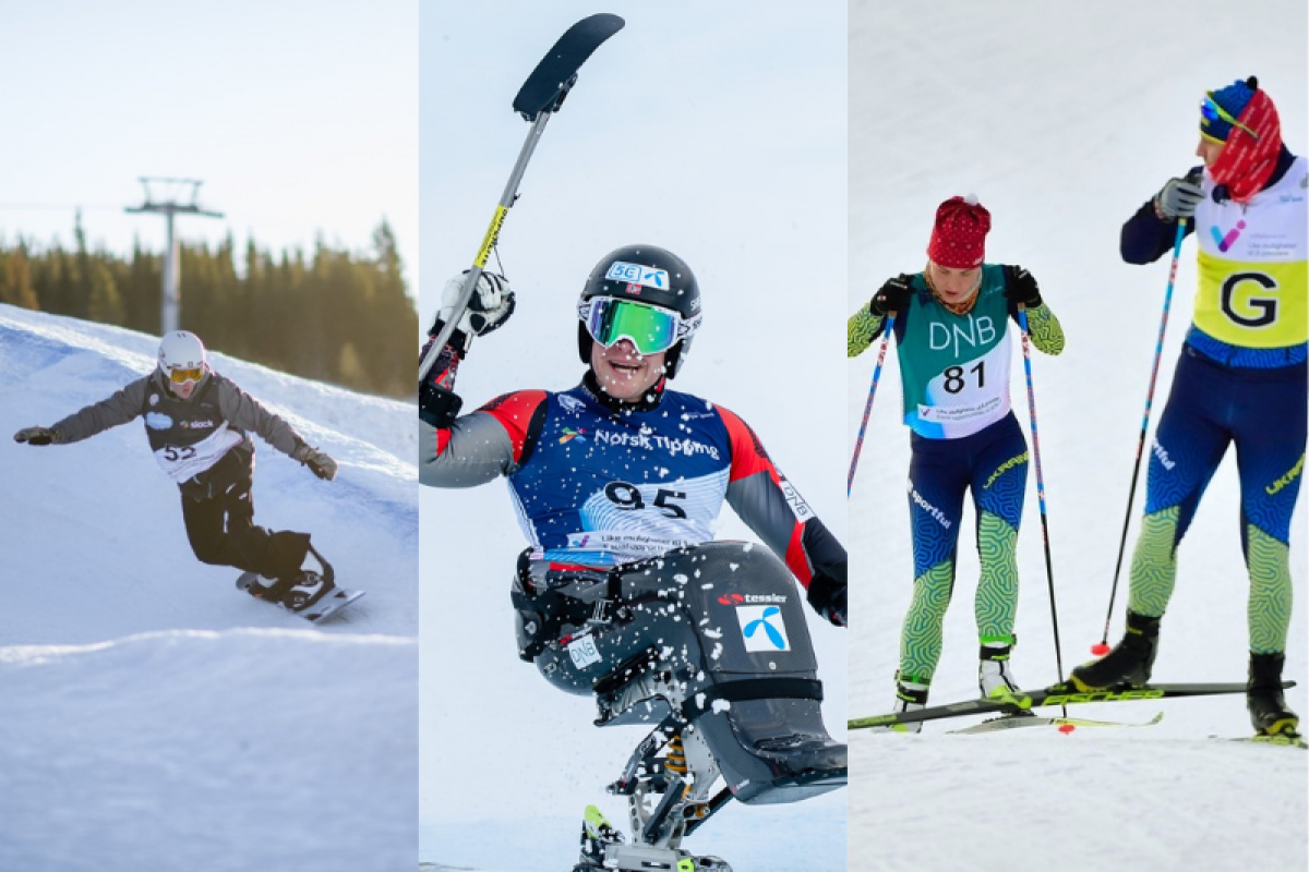 A photo collage with a snowboarder, a male sit-skier and a cross-country skier following her guide