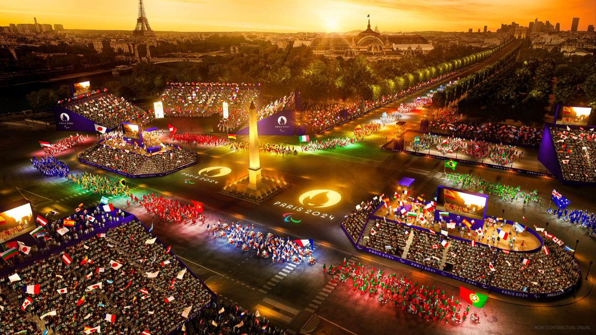 A mock-up image of the Athletes' Parade as multiple delegations, including France, reach the Place de la Concorde.