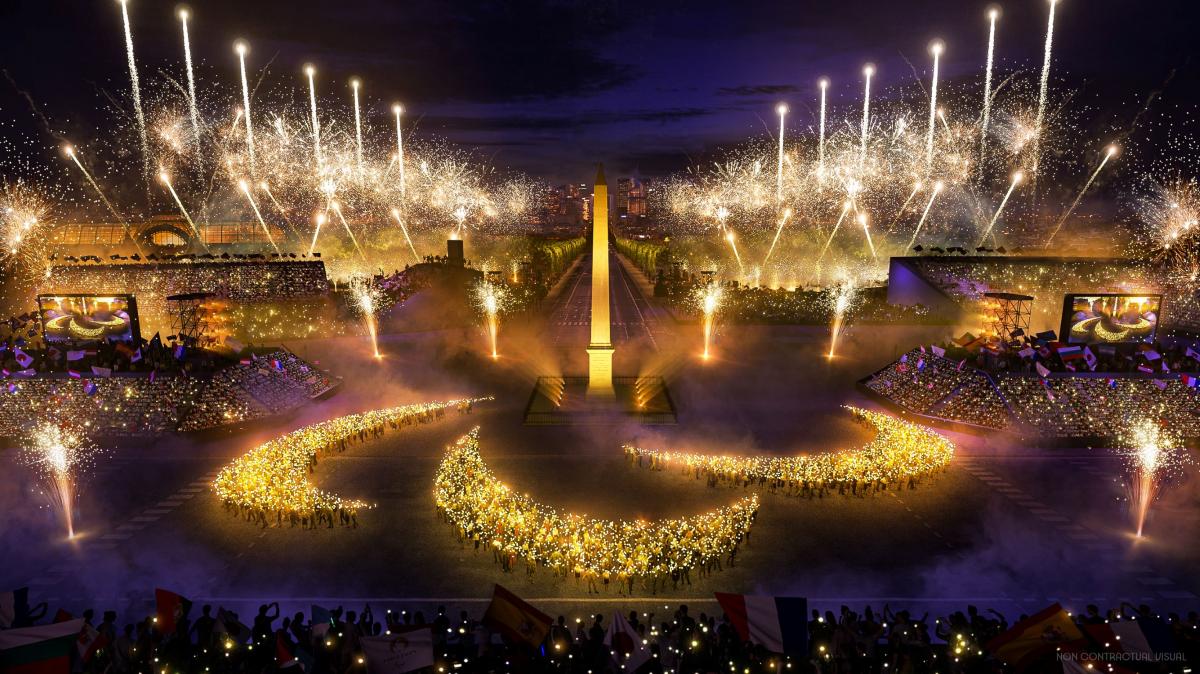 A mock-up image of a pyro show in which people standing in the formation of an Agitos sign hold up lights in the Place de la Concorde.