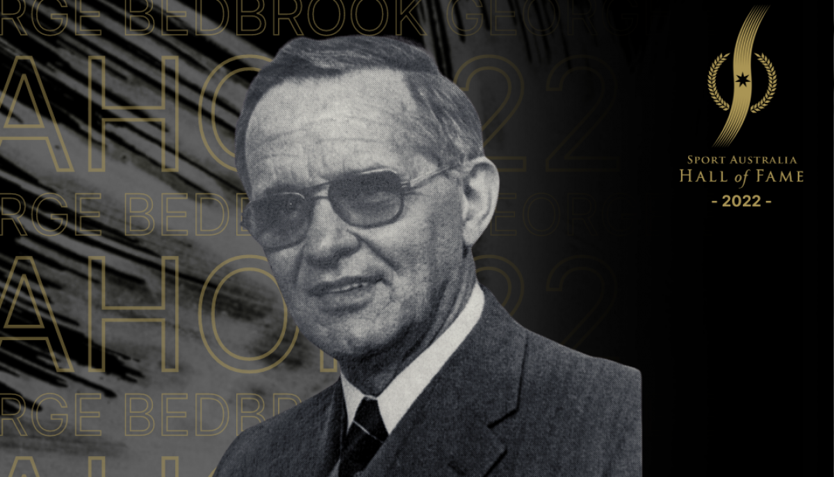 A stylised graphic announcing the induction of Sir George Bedbrook into the Sport Australia Hall of Fame.