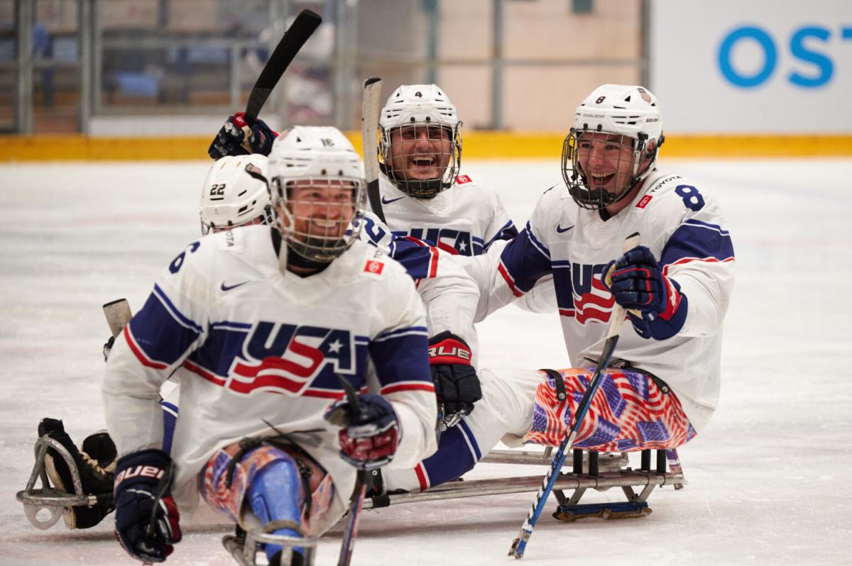 USA players celebrate their triumph in Ostrava as they beat Canada in the final of the International Para Hockey Cup.