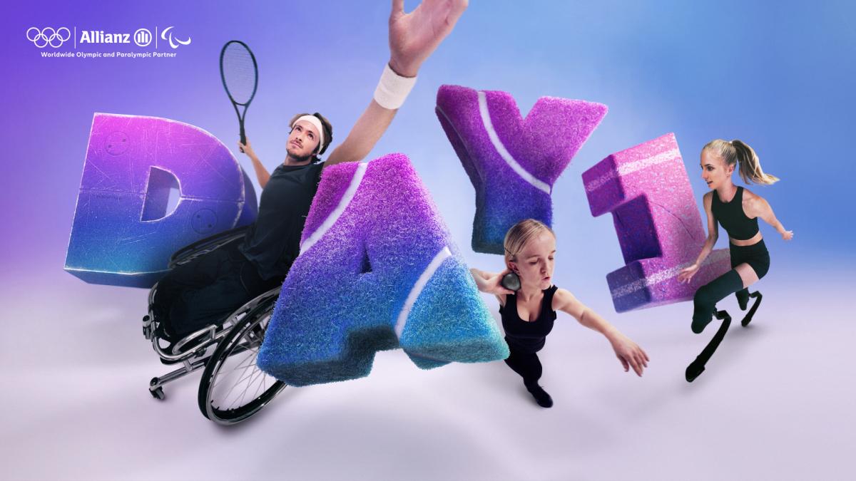 Three athletes - a male wheelchair player, a female shot putter and a female runner - show off their sports next to stylised letters that read "Day 1".