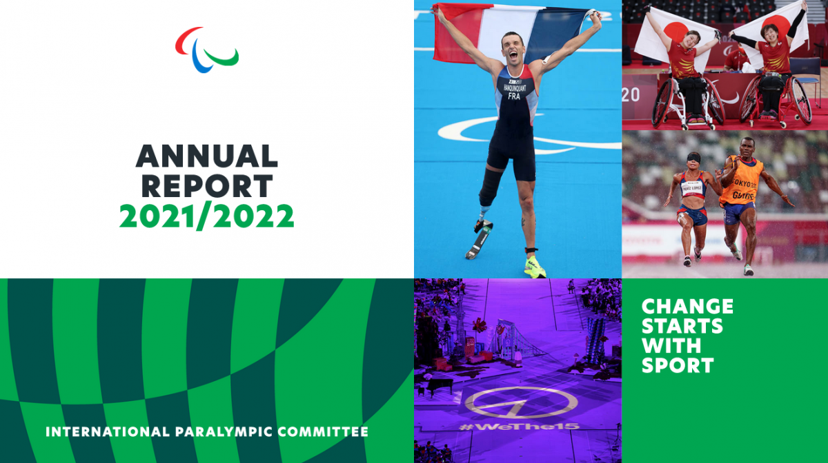 The cover page of the 2021-2022 Annual Report with graphics and four images - a Para triathlete, a runner and her guide, Japanese Para table tennis players and a WeThe15 projection on a purple stage.