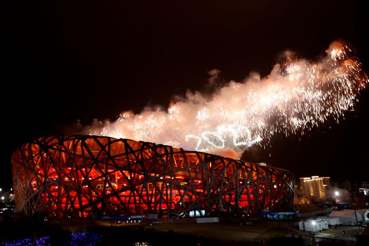Firework coming out of the main venue of the Beijing 2022 Paralympic Games