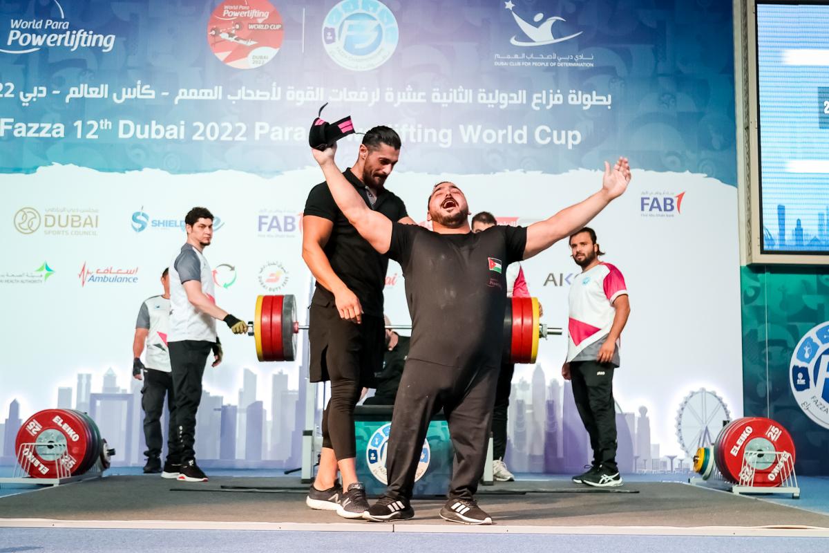 Jordan's Abdelkareem Khattab reacts after breaking the world record three times at the Dubai Club for People of Determination.